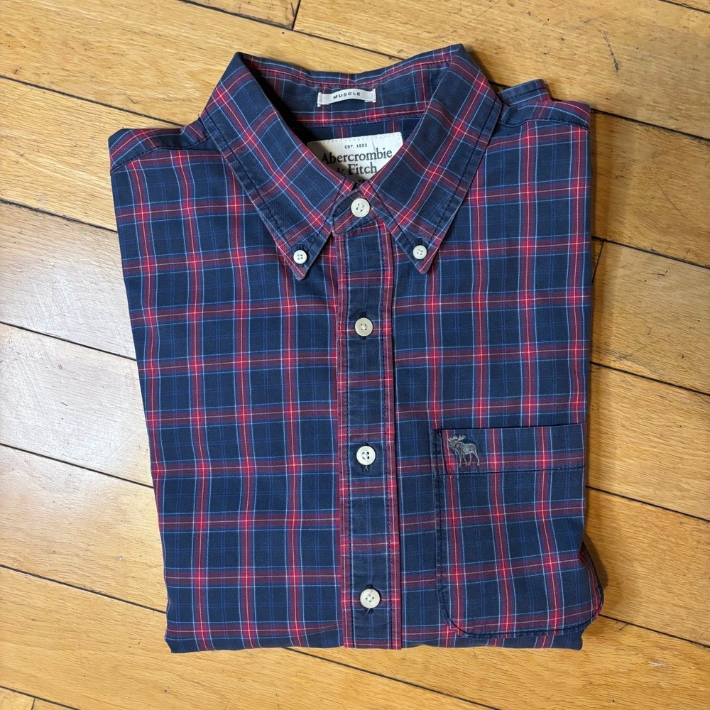 90s Abercrombie & Fitch Y2k Plaid Button Up Shirt Muscle Fit Size XL Faded